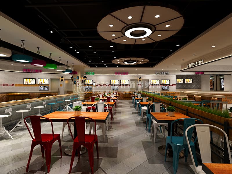 美食廣場(chǎng)局部面館裝修區(qū)就餐位裝修設(shè)計(jì)效果圖