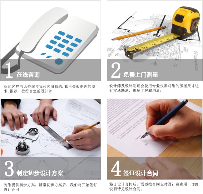 1、設計咨詢   ? 2、確認合作意向  ?  3、勘察現(xiàn)場、測量尺寸  ? 4、出具設計草案  ?  5、簽訂設計協(xié)議  ?  6、設計初稿 ?  7、設計方案深度交流  ?  8、設計定稿  ?  9、出具施工圖  ?  10、確認施工圖紙  ?  11、提供報價指導  ?  12、跟進設計施工